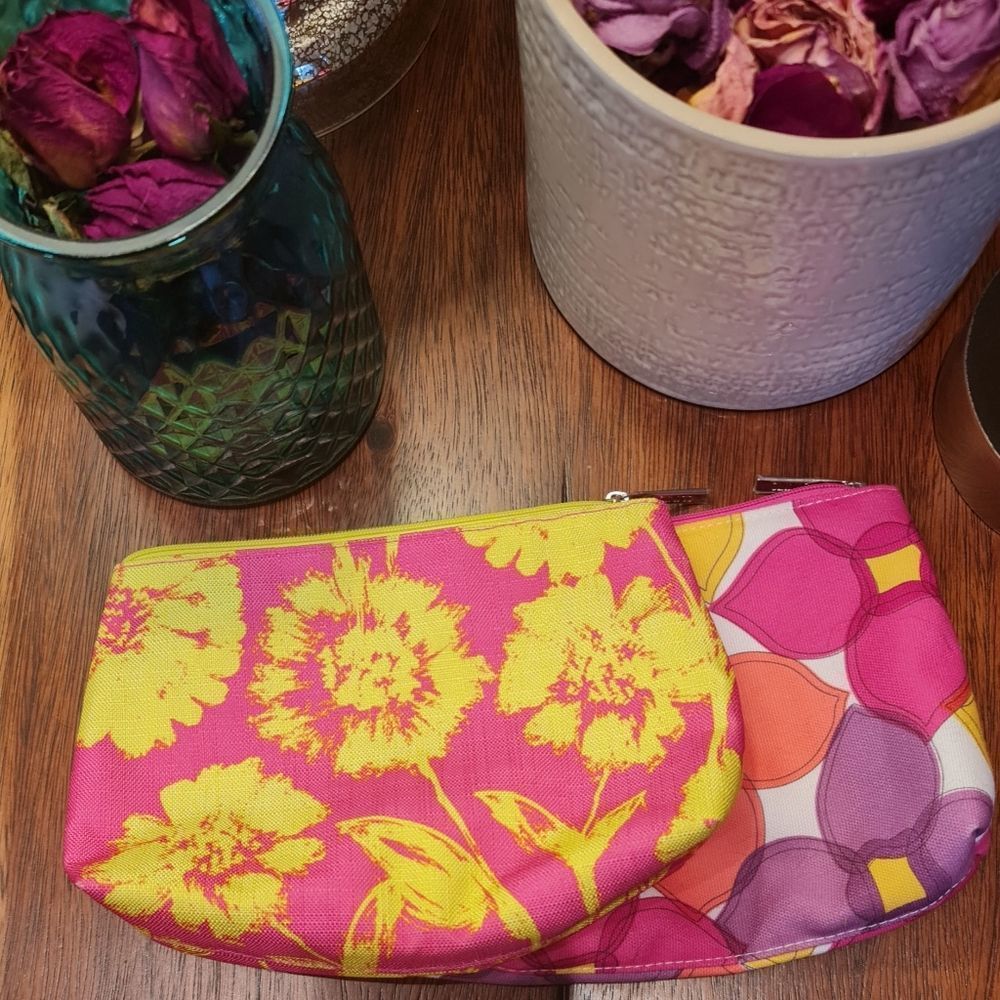 Clinique 2 Floral, Zip-up Makeup Bags - Neon Pink, Yellow, Purple, & White - EUC